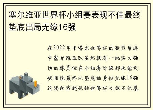 塞尔维亚世界杯小组赛表现不佳最终垫底出局无缘16强 塞尔维亚世界杯小组赛表现不佳最终垫底出局无缘16强